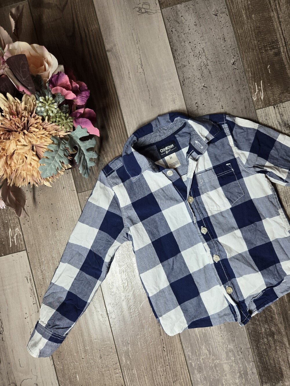 OshKosh B’gosh Boys Blue Buffalo Check Button-Up Shirt – Size 3T